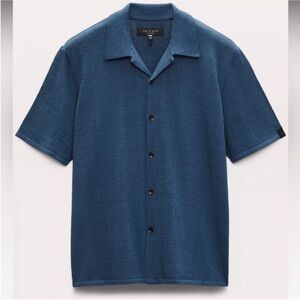 rag & bone Zuma Pointelle Avery Knit Shirt Moonlight Blue Large NWT Camp Collar
